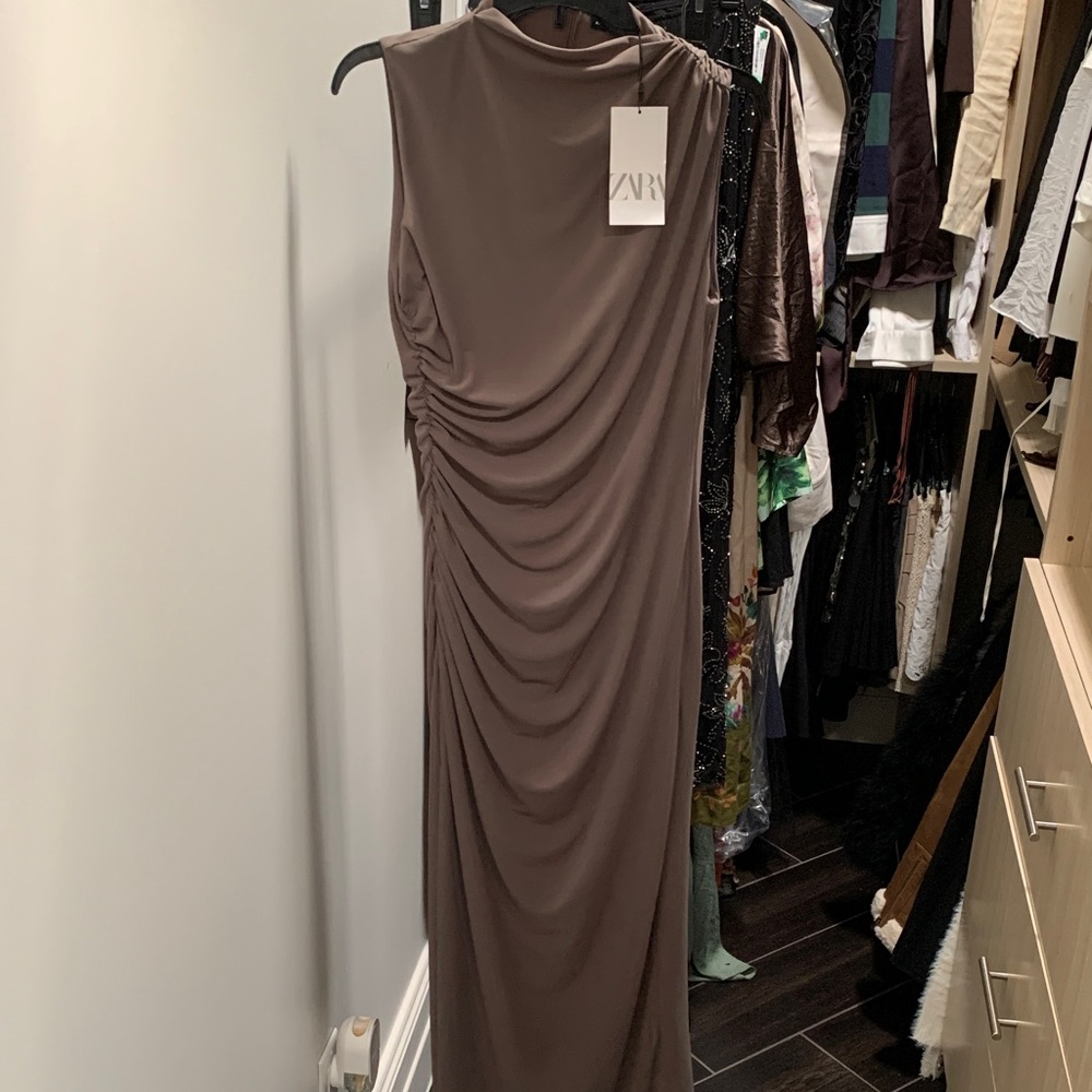 Zara Taupe Brown Sleeveless Ruched Maxi Dress